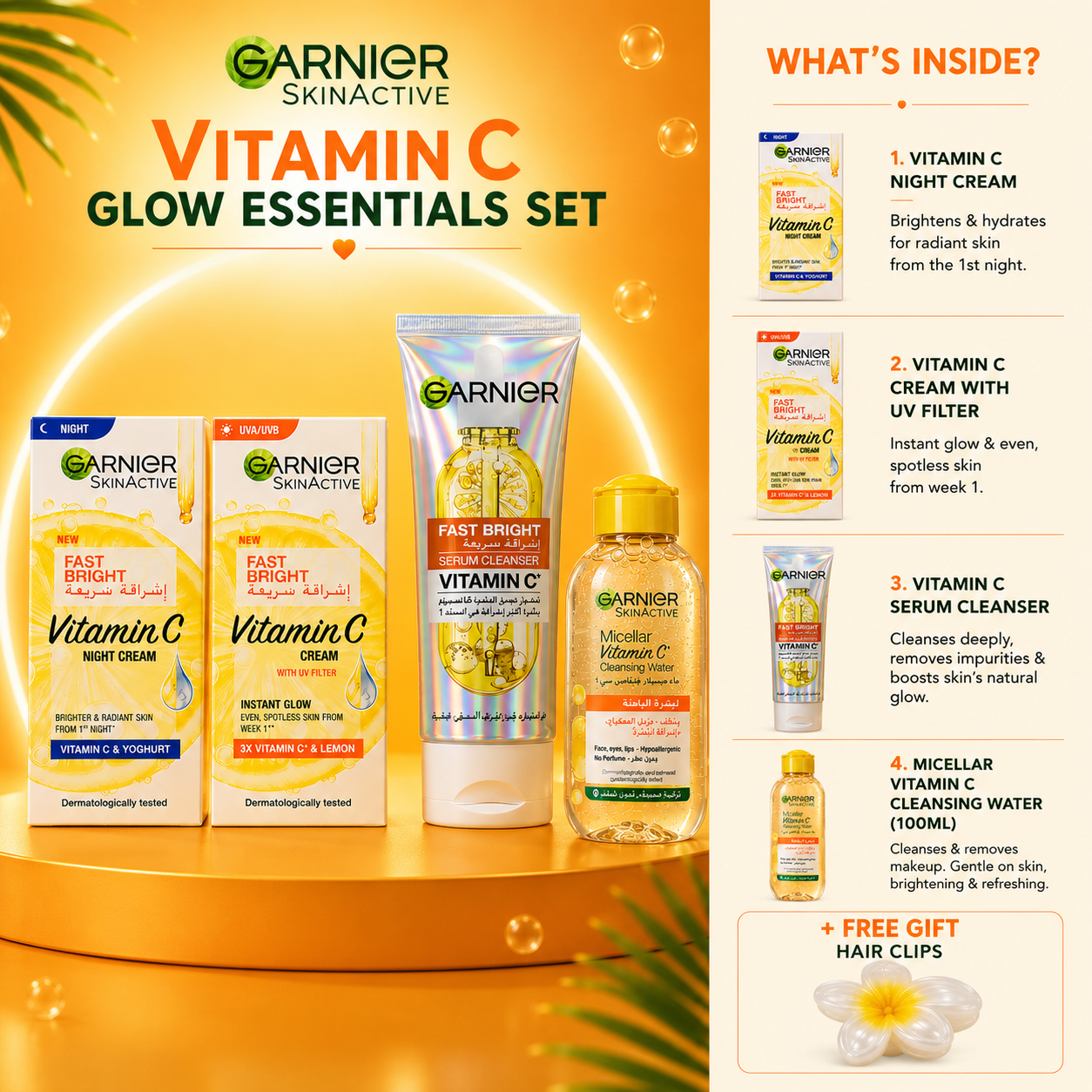 Garnier Fast Bright Ultimate Brightening Regimen – Day Cream, Night Cream, Serum Cleanser, Micellar Water & Free Gift Set