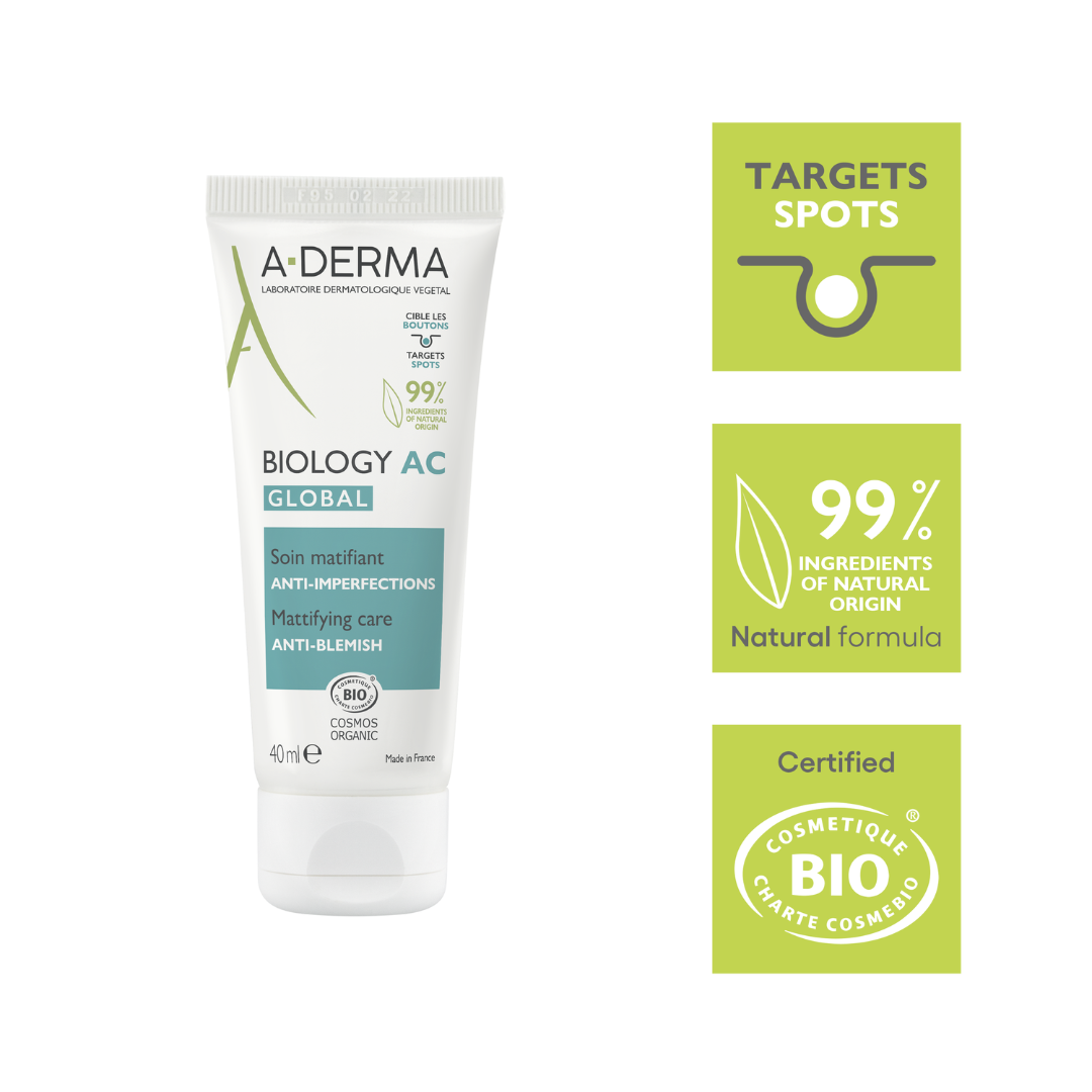 A-Derma Biology AC Mattifying Global Anti-blemish Treatment And Biology AC Purifying Foaming Gel Buy 1 Get 1 Pouch Bundle