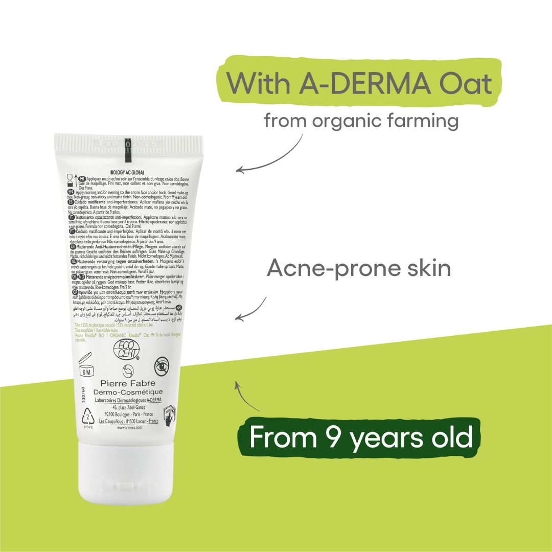 A-Derma Biology AC Mattifying Global Anti-blemish Treatment And Biology AC Purifying Foaming Gel Buy 1 Get 1 Pouch Bundle