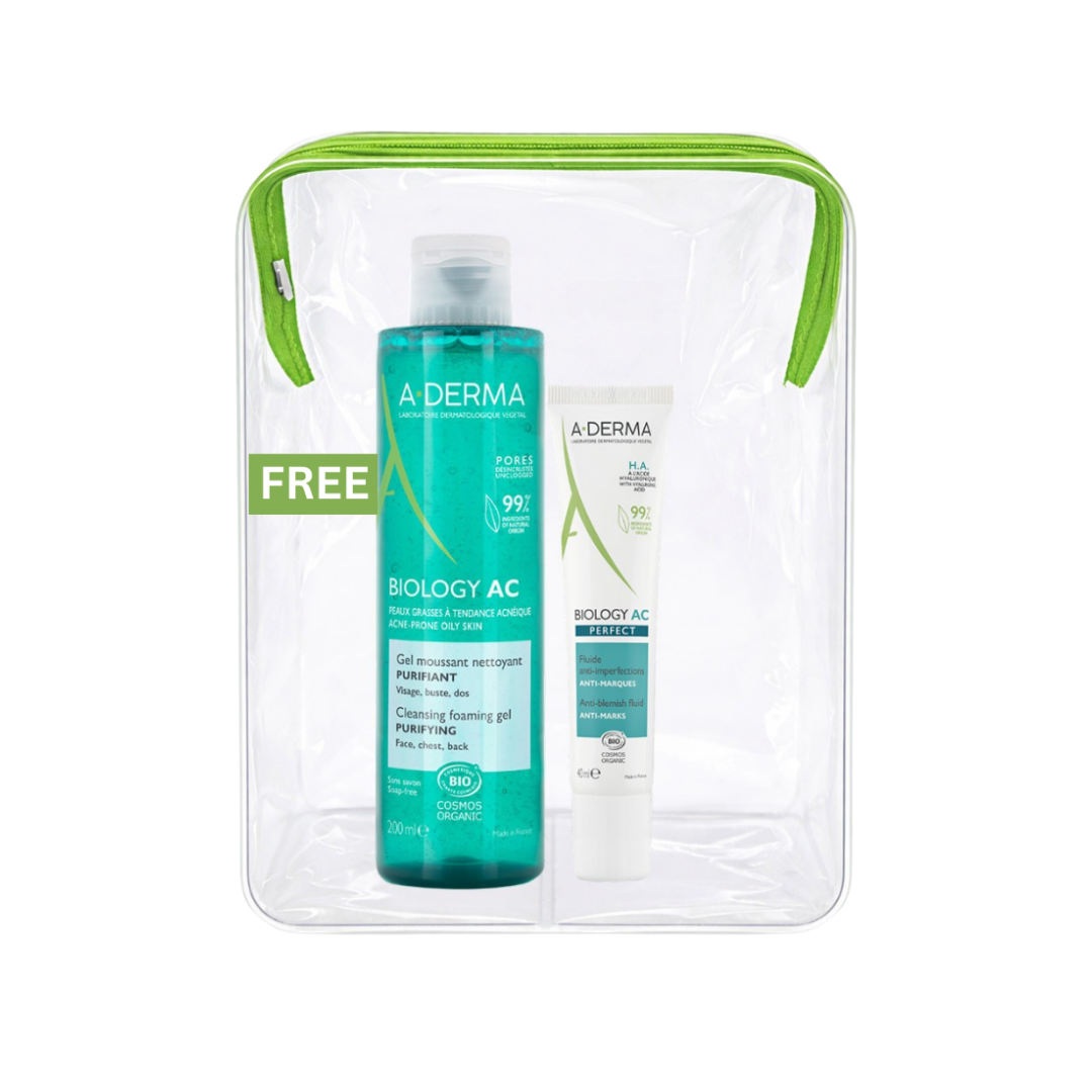 A-Derma Biology AC Perfect Anti-blemish Fluid And Biology AC Purfifying Foaming Gel Buy 1 Get 1 Pouch Bundle