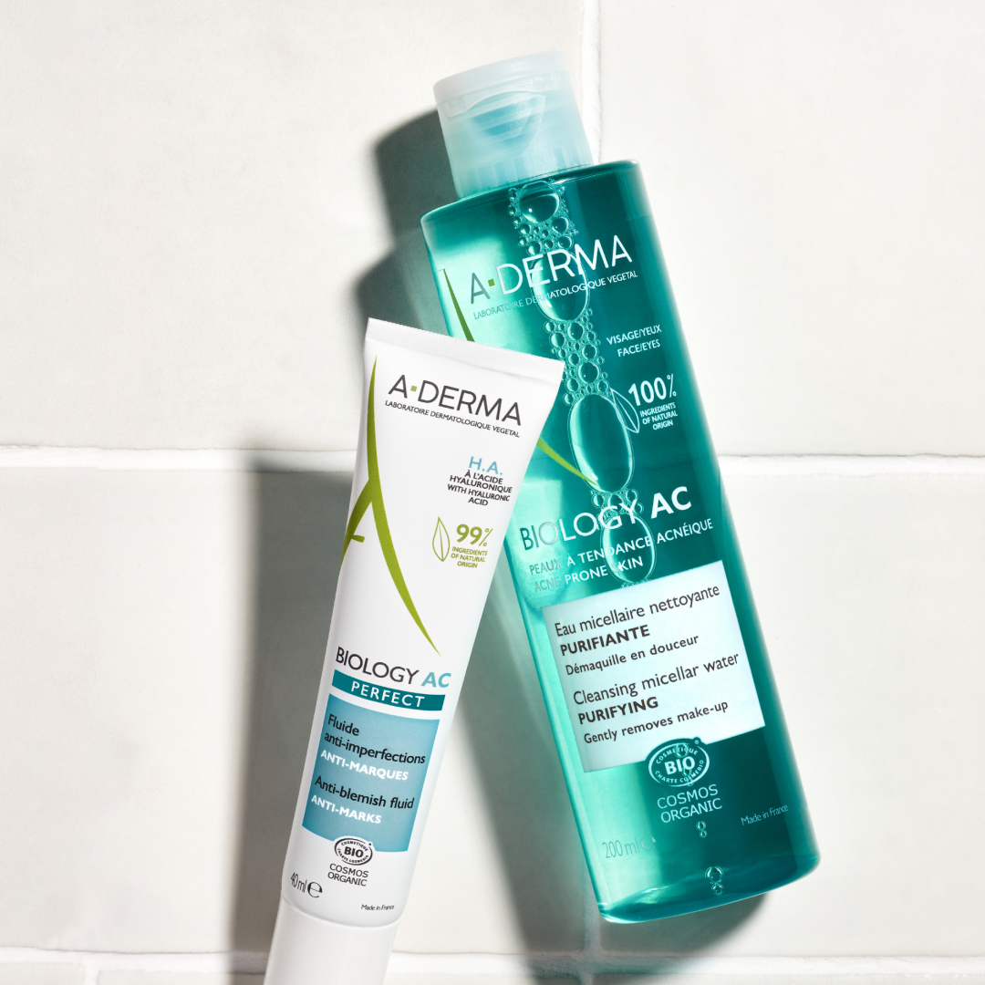 A-Derma Biology AC Perfect Anti-blemish Fluid And Biology AC Purfifying Foaming Gel Buy 1 Get 1 Pouch Bundle