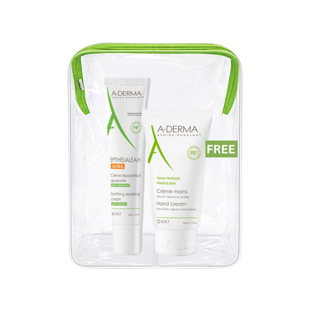 A-Derma Epitheliale AH Ultra Anti-mark Repairing Cream And A-Derma Oat Rhealba Hand Cream Buy 1 Get 1 Pouch Bundle