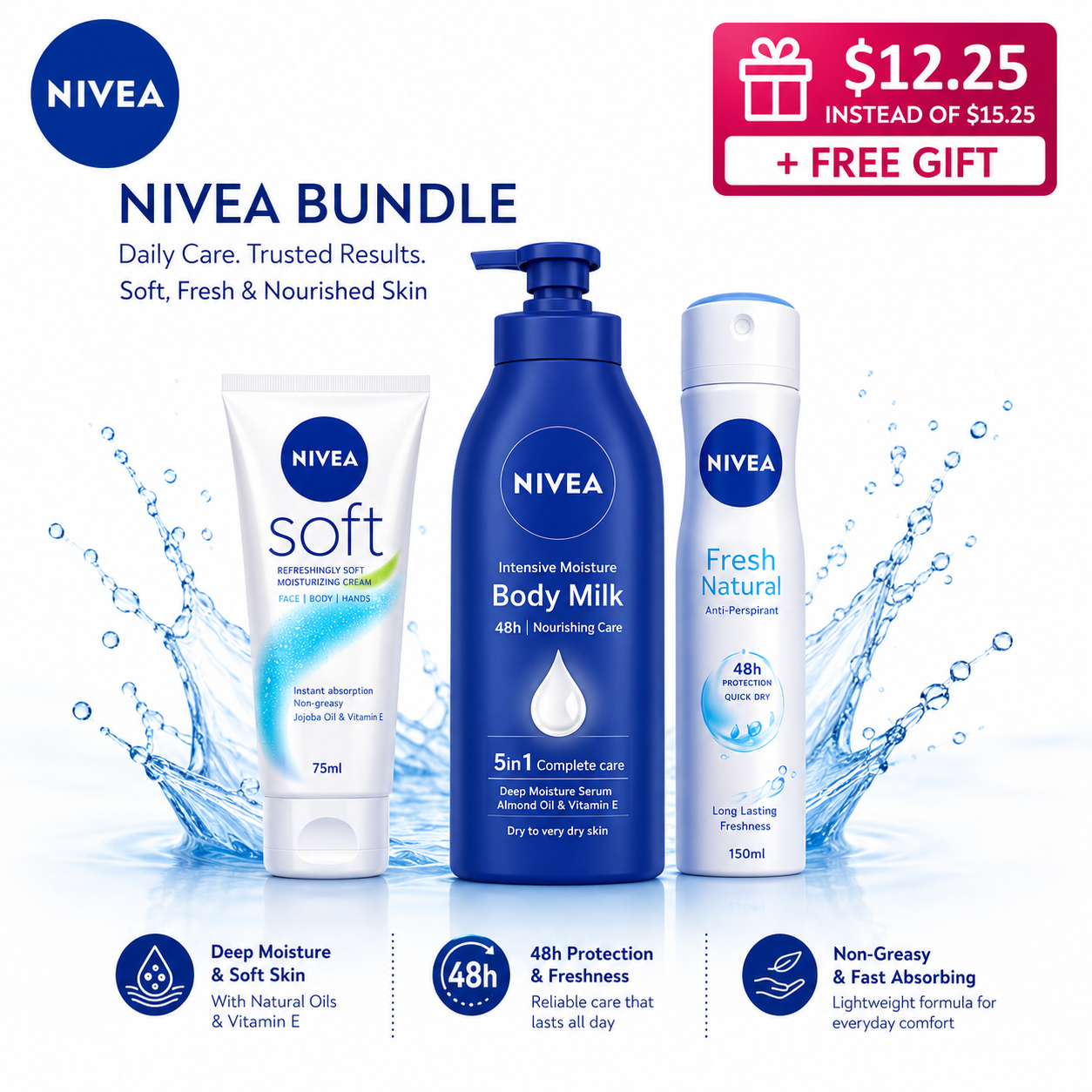 NIVEA Daily Care Bundle – Soft Cream, Body Milk & Deodorant