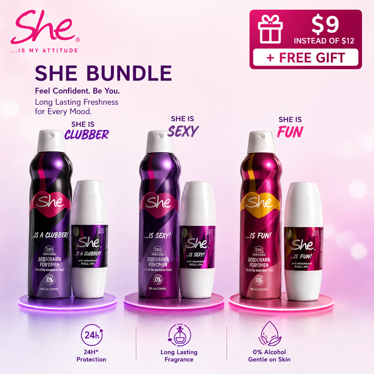 She Deodorant Bundle – Body Spray & Roll-On