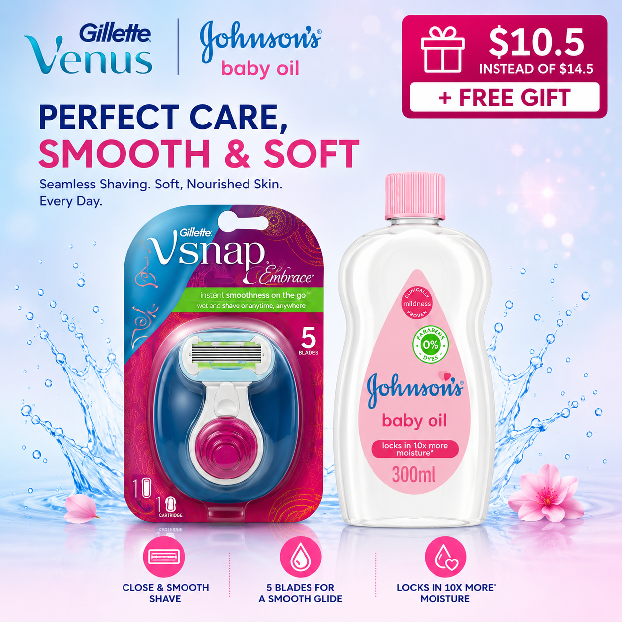 Gillette Vsnap Embrace & Johnson's Baby Oil Bundle