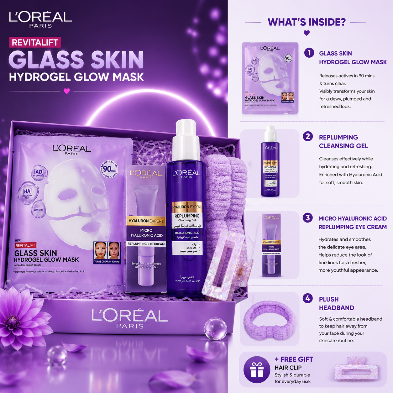 L'Oréal Paris Hyaluron Expert De-Puff & Plump Skincare Kit – Hyaluronic Acid Cleansing Gel, Eye Cream, Glow Mask & 4-Piece Spa Gift Bundle