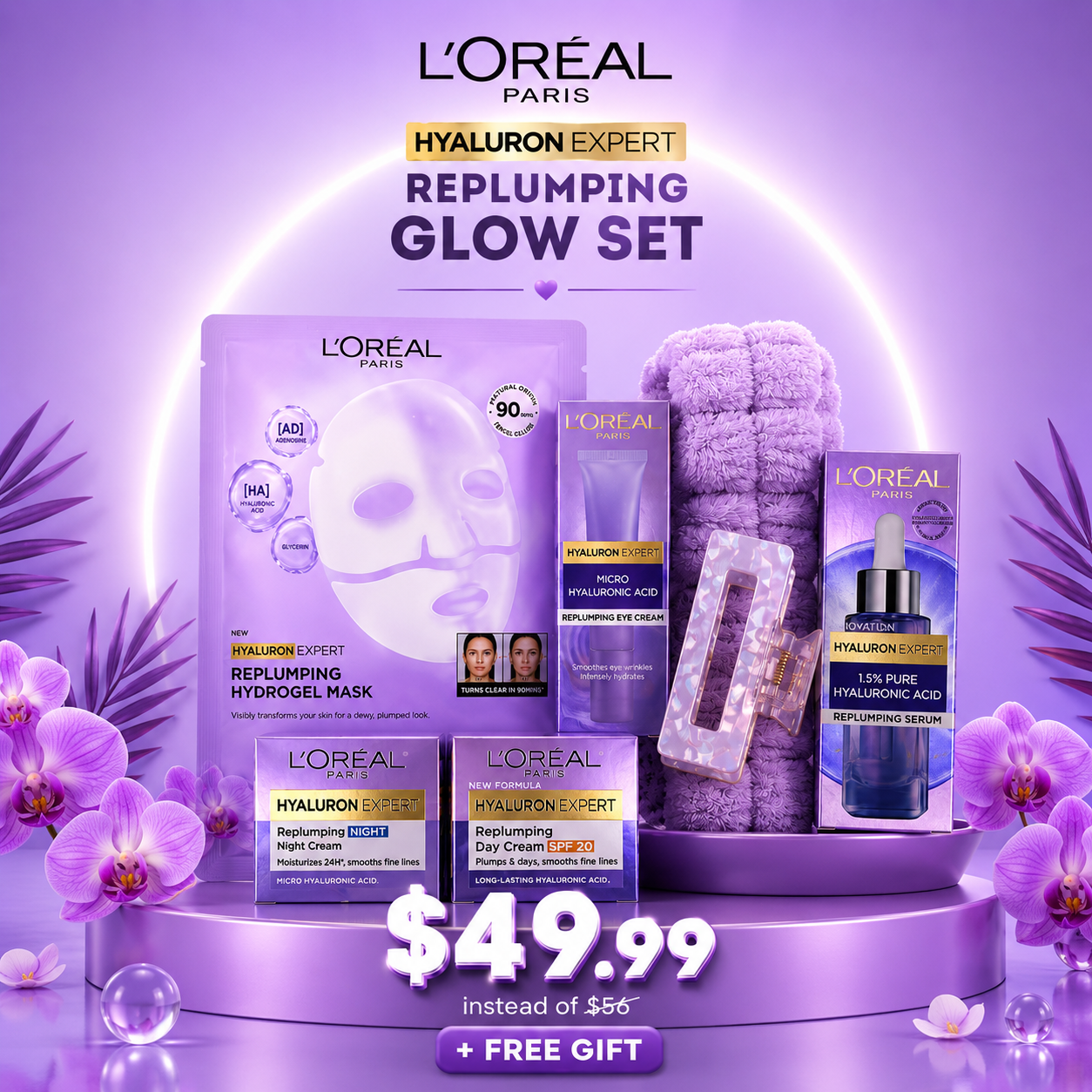 L'Oréal Paris Hyaluron Expert Complete Day & Night Hydration Bundle – Anti-Aging Regimen with Day Cream, Night Cream, Replumping Serum, Eye Cream, Sheet Mask & Accessories