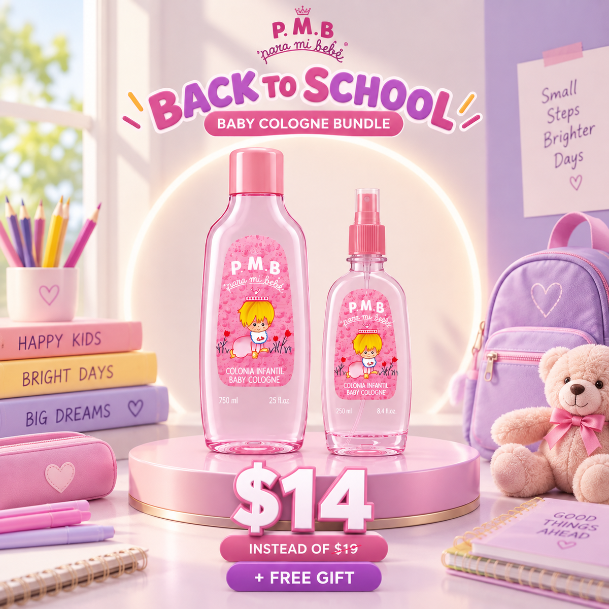 Para MI Bebe Pink Set ( Baby Cologne 750ml + Baby Cologne Spray 250ml ) BACK TO SCHOOL