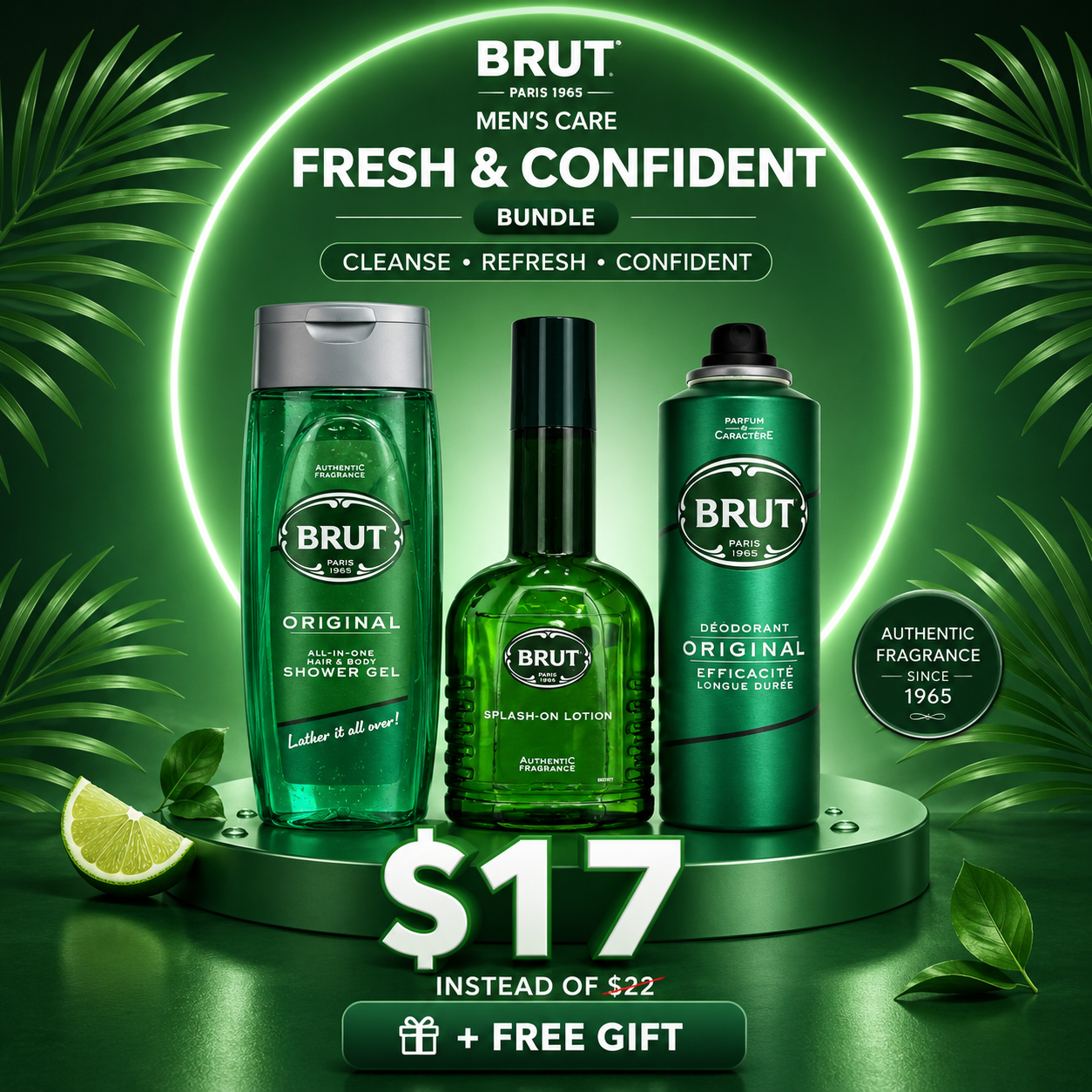 Brut Fresh & Confident Men's Bundle(Shower Gel 500ml + Splash 200ml + Deodorant 200ml)