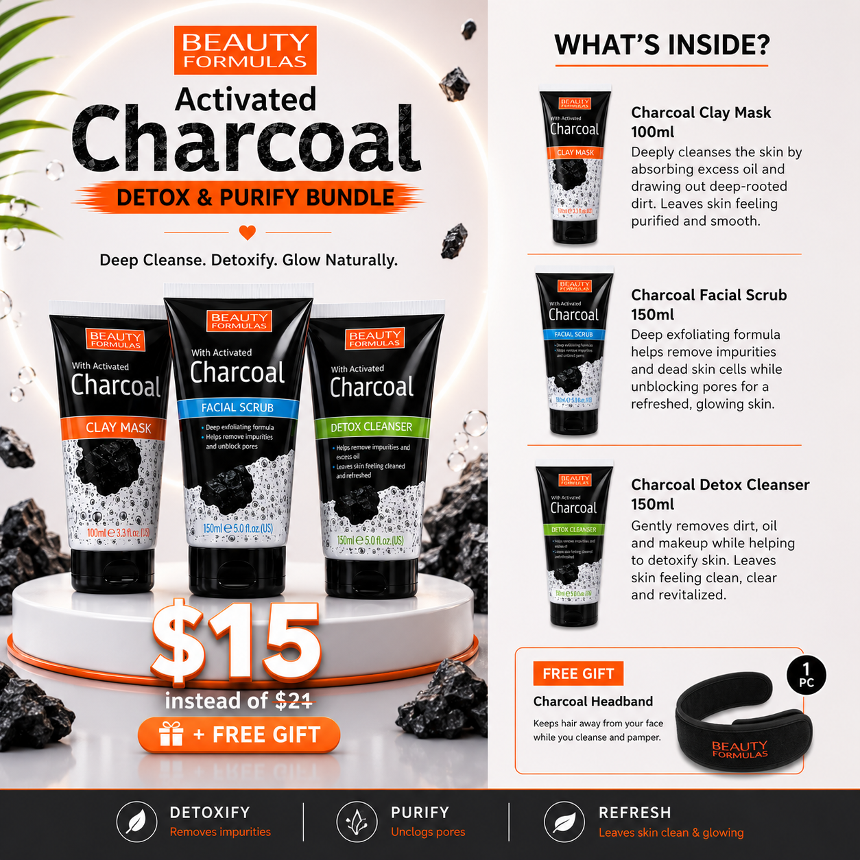 Beauty Formulas Charcoal Purifying Tube Set – Facial Scrub, Clay Mask & Detox Cleanser
