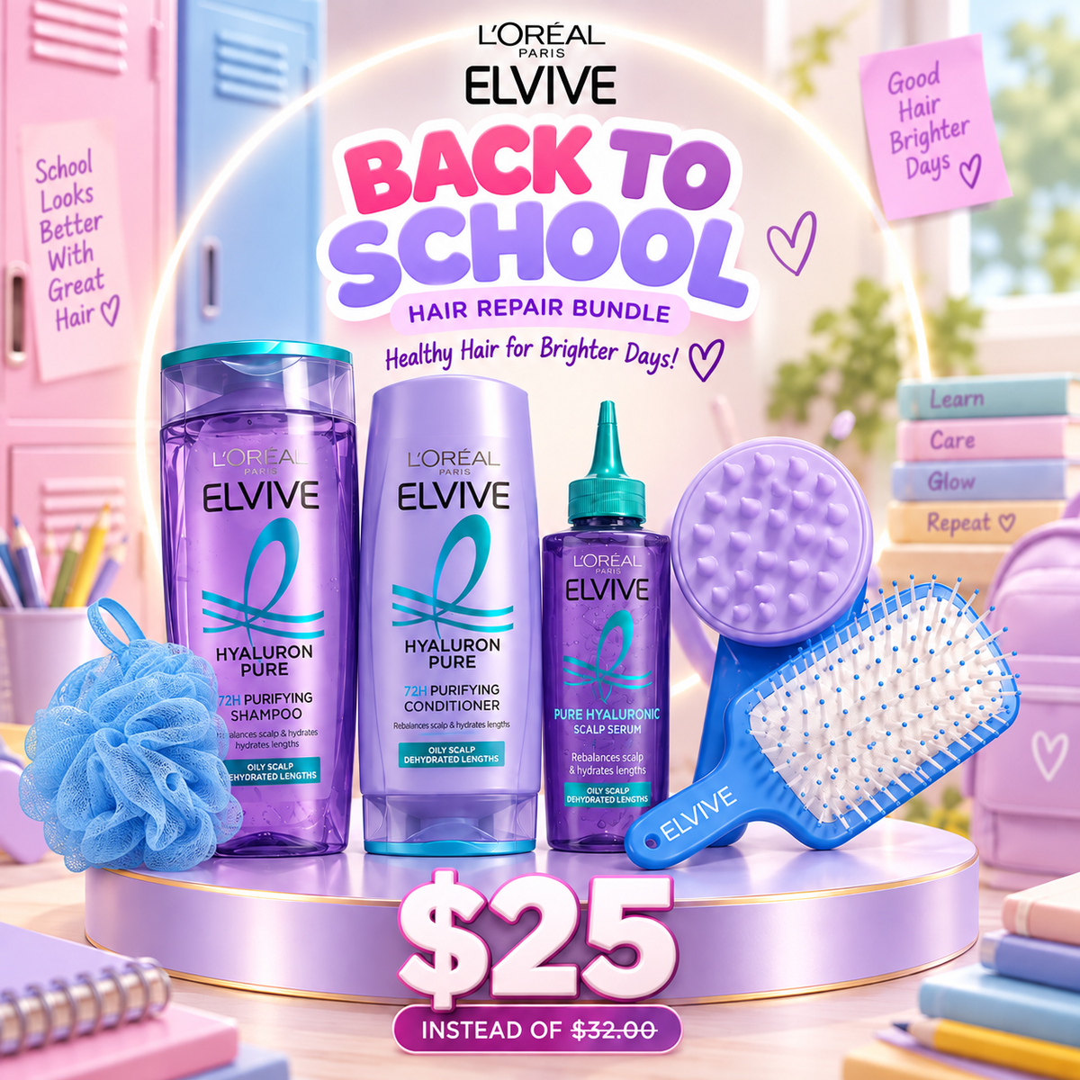 L'Oréal Elvive Hyaluron Pure Back-to-School Scalp & Hair Care Bundle(6PCS)