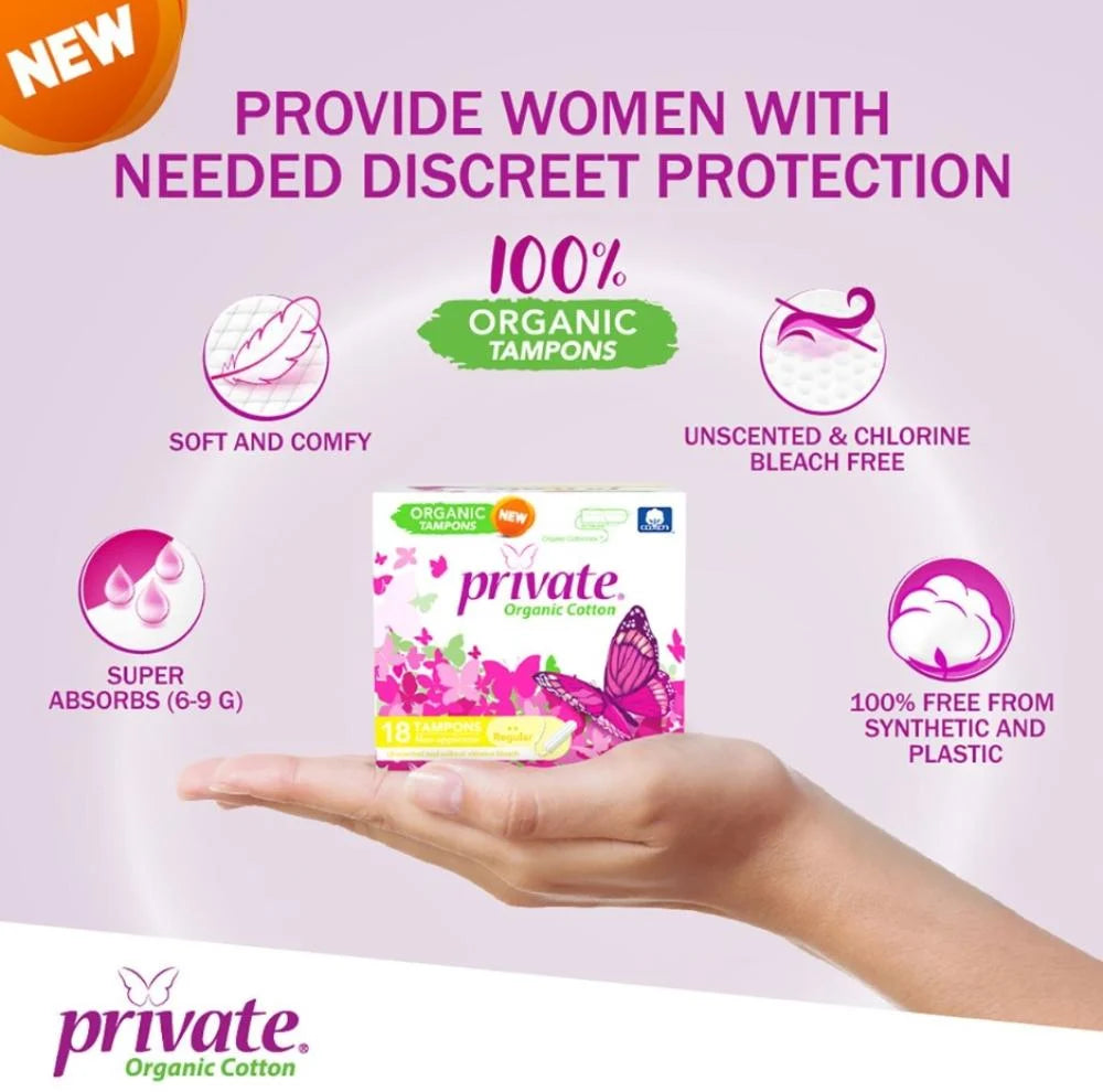 Private Organic Cotton Tampons Regular Non Applicator Unscented 18 Pcs