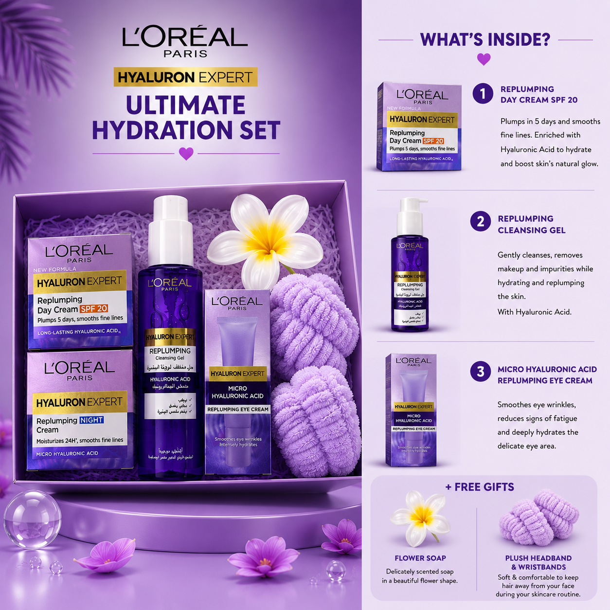 L'Oréal Paris Hyaluron Expert Ultimate Hydration Routine Set with Day & Night Cream, Cleanser, Eye Cream & Free Gift