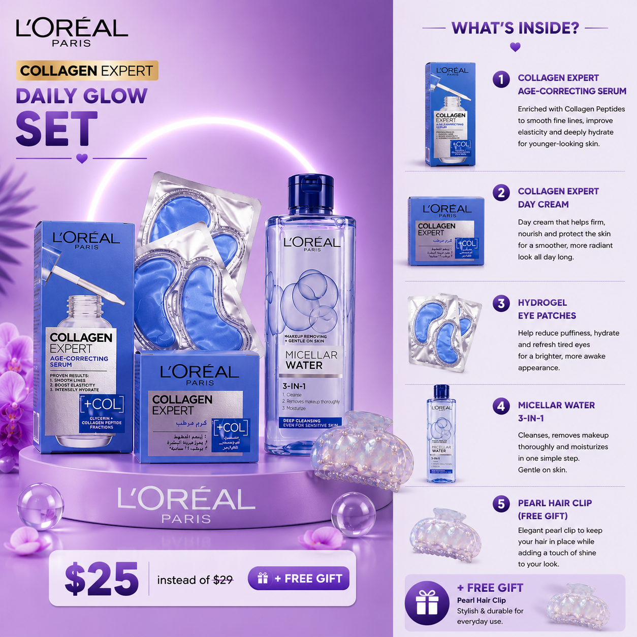 L'Oréal Paris Collagen Expert Rejuvenating Value Kit – Full Face Anti-Aging Routine with Serum, Day/Night Cream, Cleansing Water, Eye Masks & Free Gift