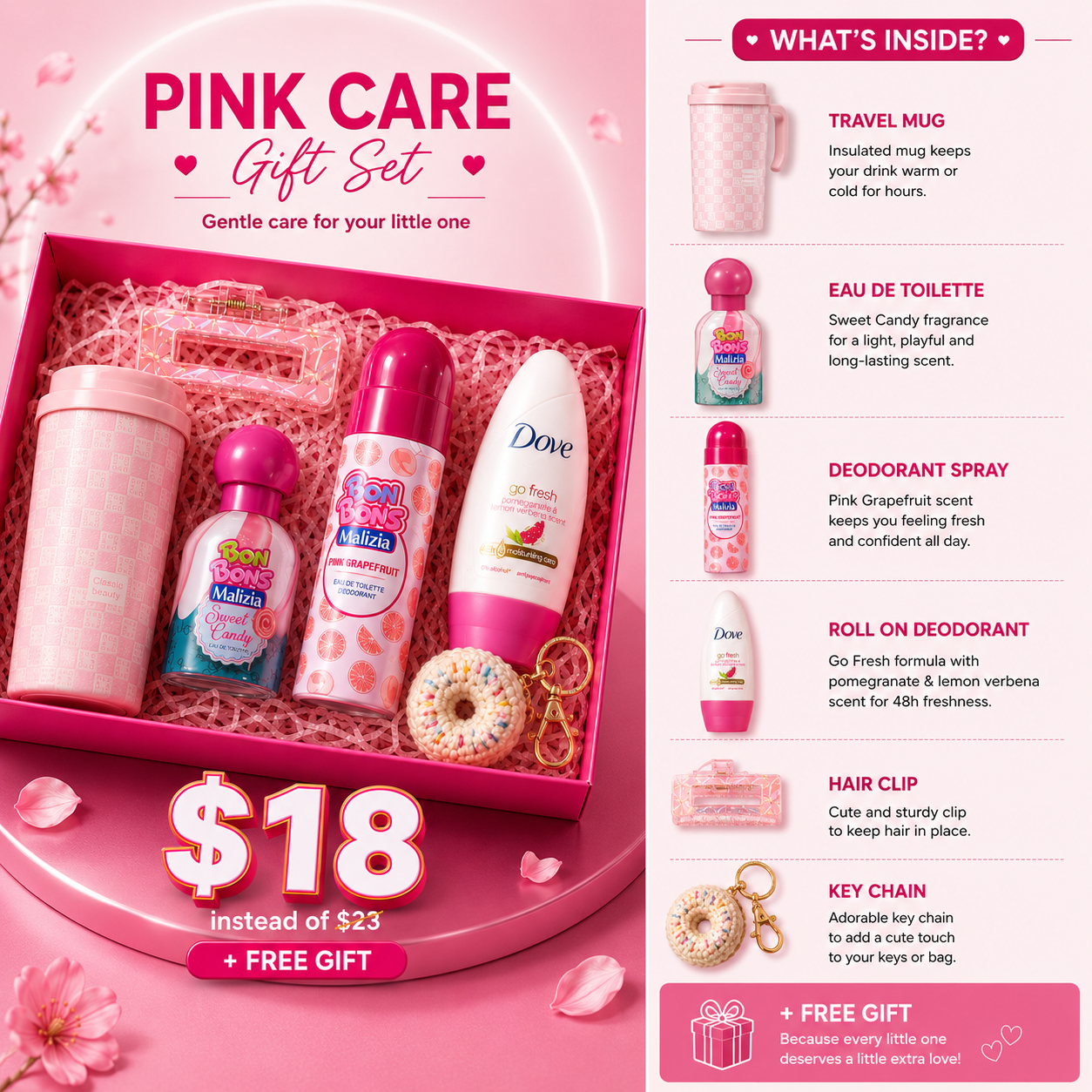 Bon Bons Malizia & Dove Pink Care Gift Set – Gentle Daily Fragrance & Body Care Bundle ($18)