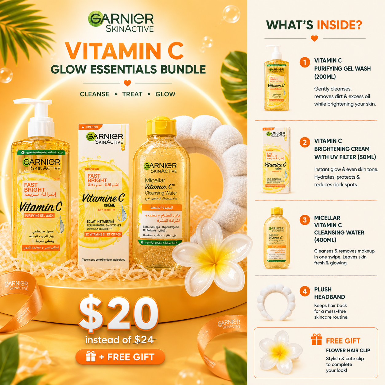 Garnier Fast Bright Daily Glow Bundle – Vitamin C Cleanser, Day Cream, Micellar Water & Luxury Spa Accessory Gift Kit