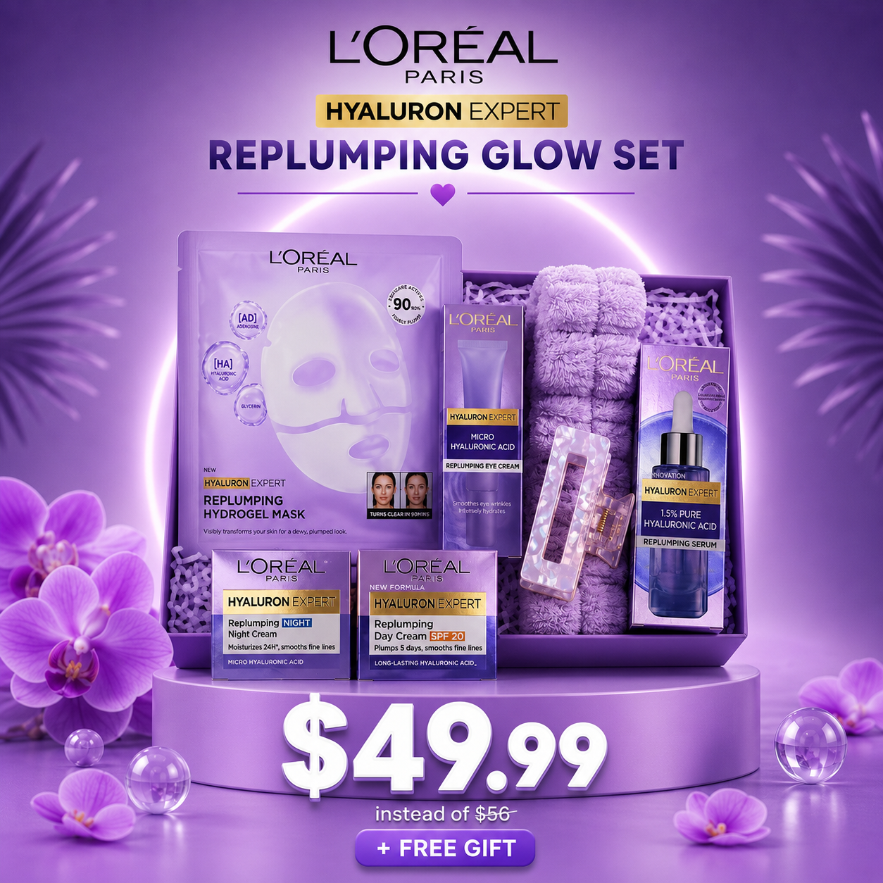 L'Oréal Paris Hyaluron Expert De-Puff & Plump Skincare Kit – Hyaluronic Acid Cleansing Gel, Eye Cream, Glow Mask & 4-Piece Spa Gift Bundle