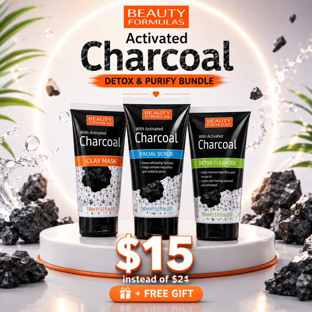 Beauty Formulas Charcoal Purifying Tube Set – Facial Scrub, Clay Mask & Detox Cleanser