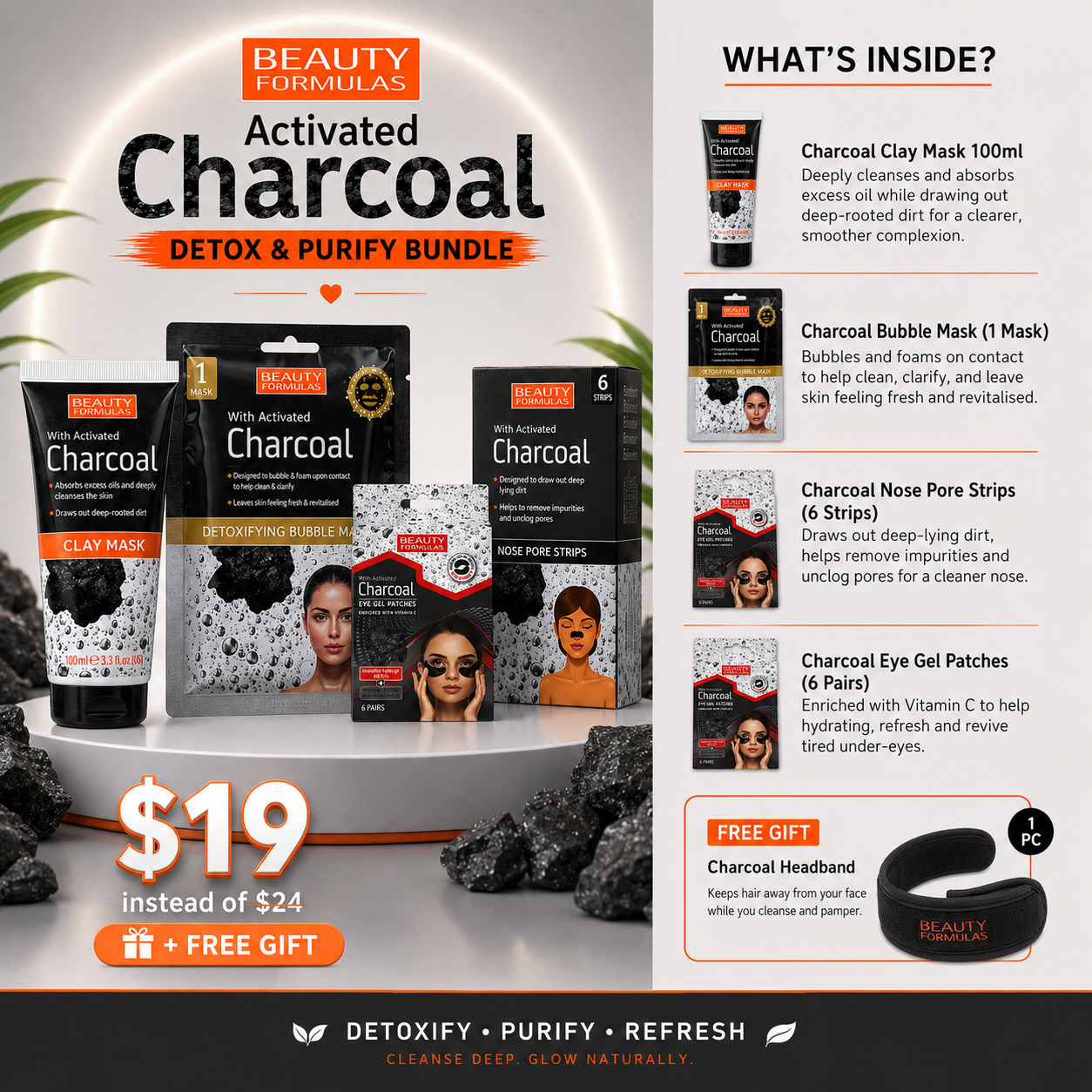 Beauty Formulas Activated Charcoal Purifying Bundle – Face Masks, Eye Patches & Pore Strips Kit