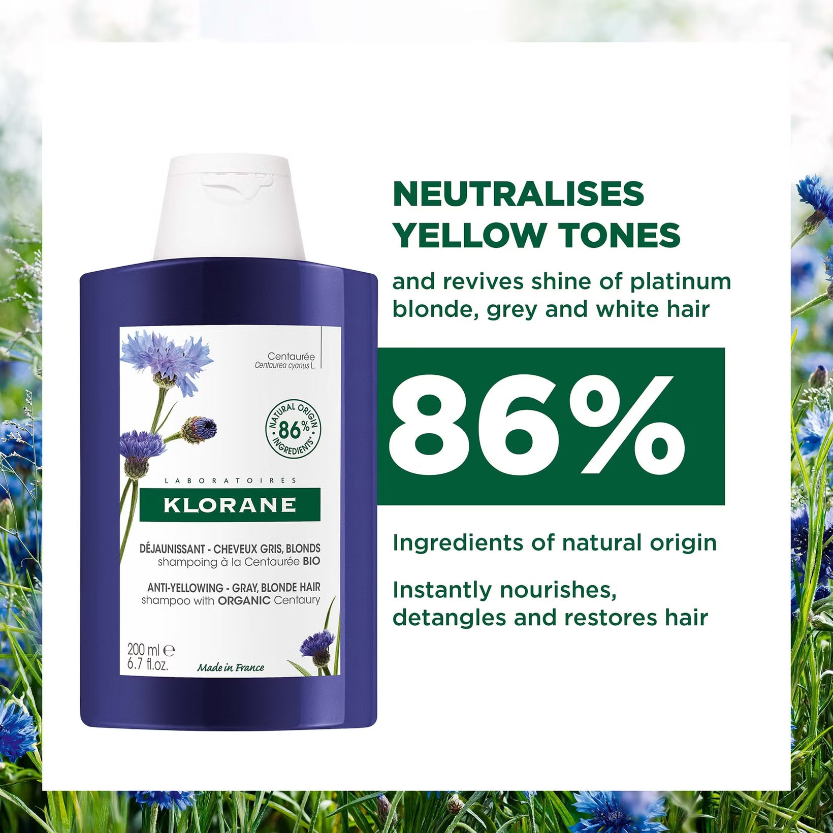 Klorane Anti-Yellowing Shampoo with Centaury - White or Gray Hair 200ML